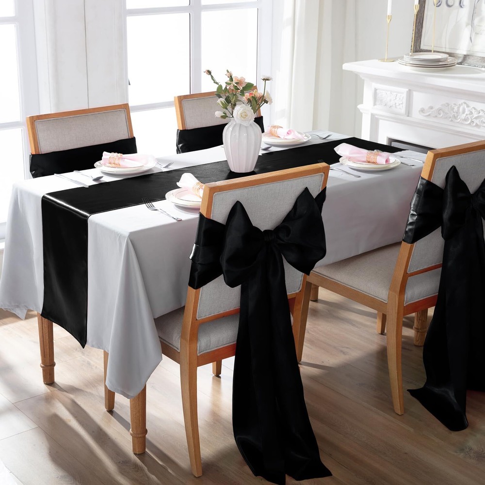 6 Pack Black Table Runners 12 x 108 Inch Rectangular Smooth Satin Silk Table ...