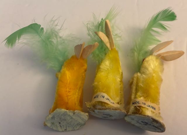 Vintage Set of 3 Chenille Yellow Easter Bunny Rabbits w/Carrot & Feathers Japan