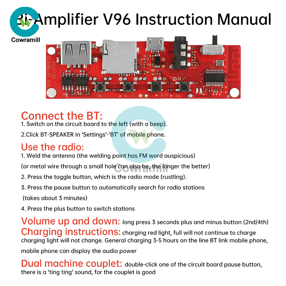 Multifunction Bluetooth Audio Circuit Amplifier Board Module V96 Bi-Amplifier
