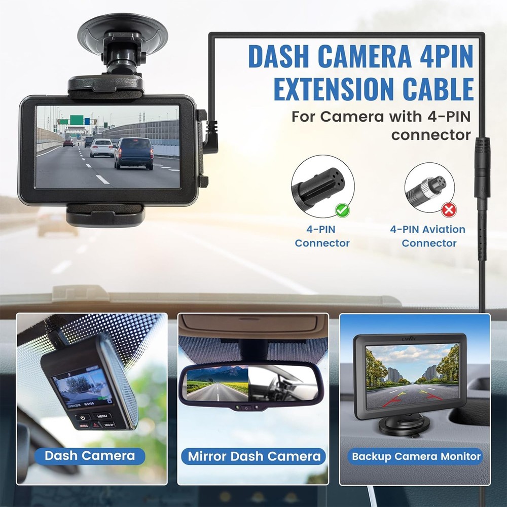 1PC 4Pin Mirror Dashcam Extension Cable 4.9Ft Pure Copper Shield Extender Wire