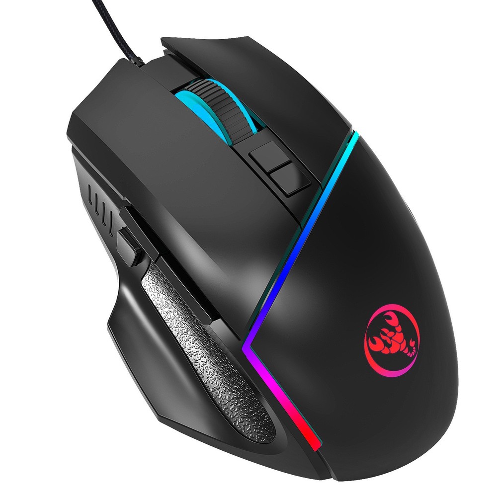 A876 wired gaming mouse with colorful synchronized lighting, 6400dpi adjustable