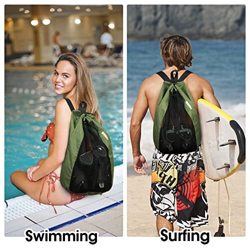 Swim Bag Mesh Drawstring Backpack Beach Backpack for Swimming, Gym, and Green
