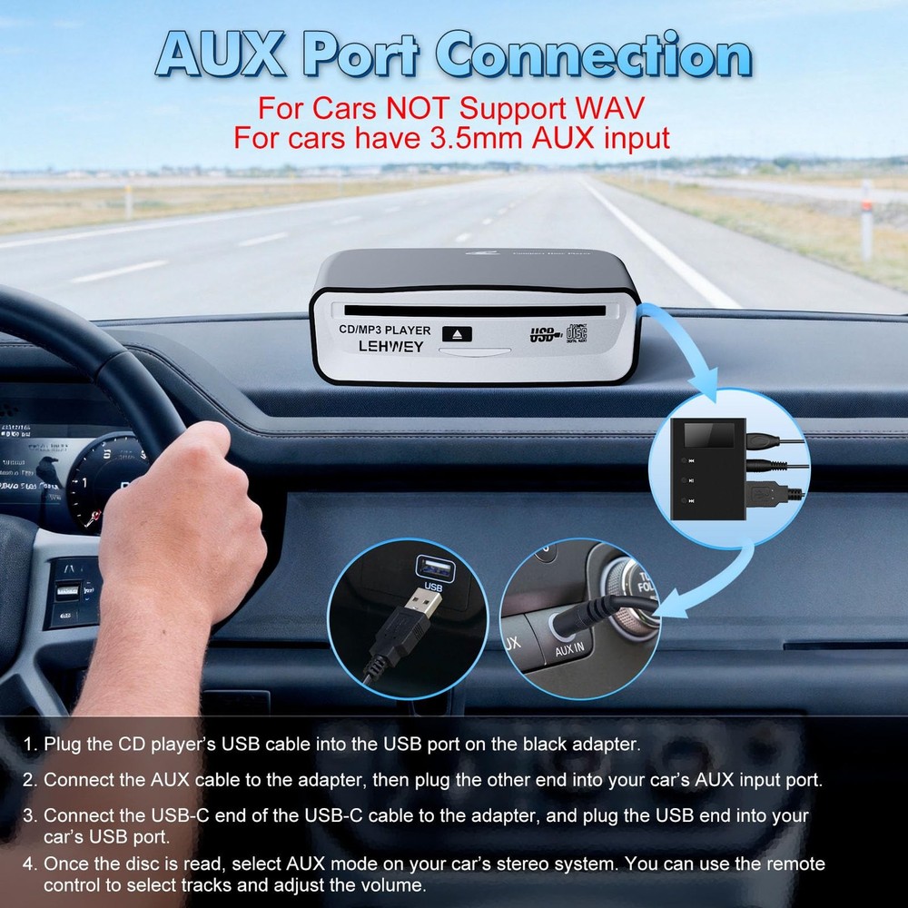 External Universal CD Player for Car - Lehwey Portable Car CD Remote Control,