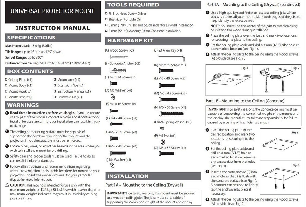 Full Motion Universal Ceiling Projector Mount Bracket with Adjustable Height