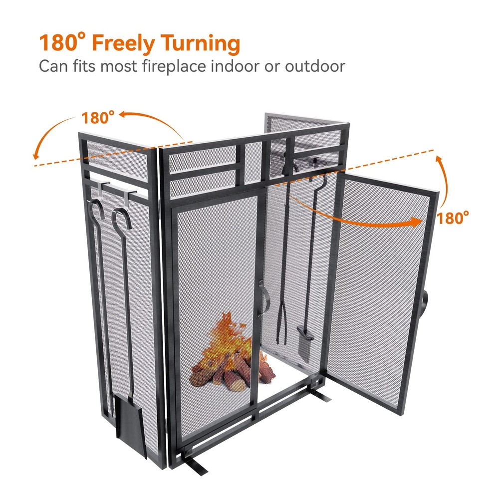 Fireplace Screen with Doors and Tools Set,3 Panel Foldable Metal Fireplace Gu...