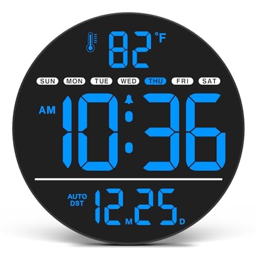 Large Digital Wall Clock with LED Display, Electric Wall Clock with Blue