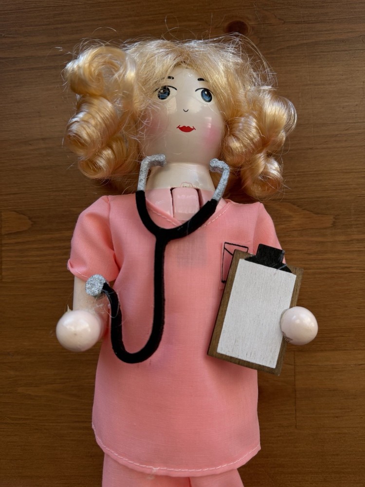 Nutcracker Blonde Nurse RN Pink Scrubs 14 Inch