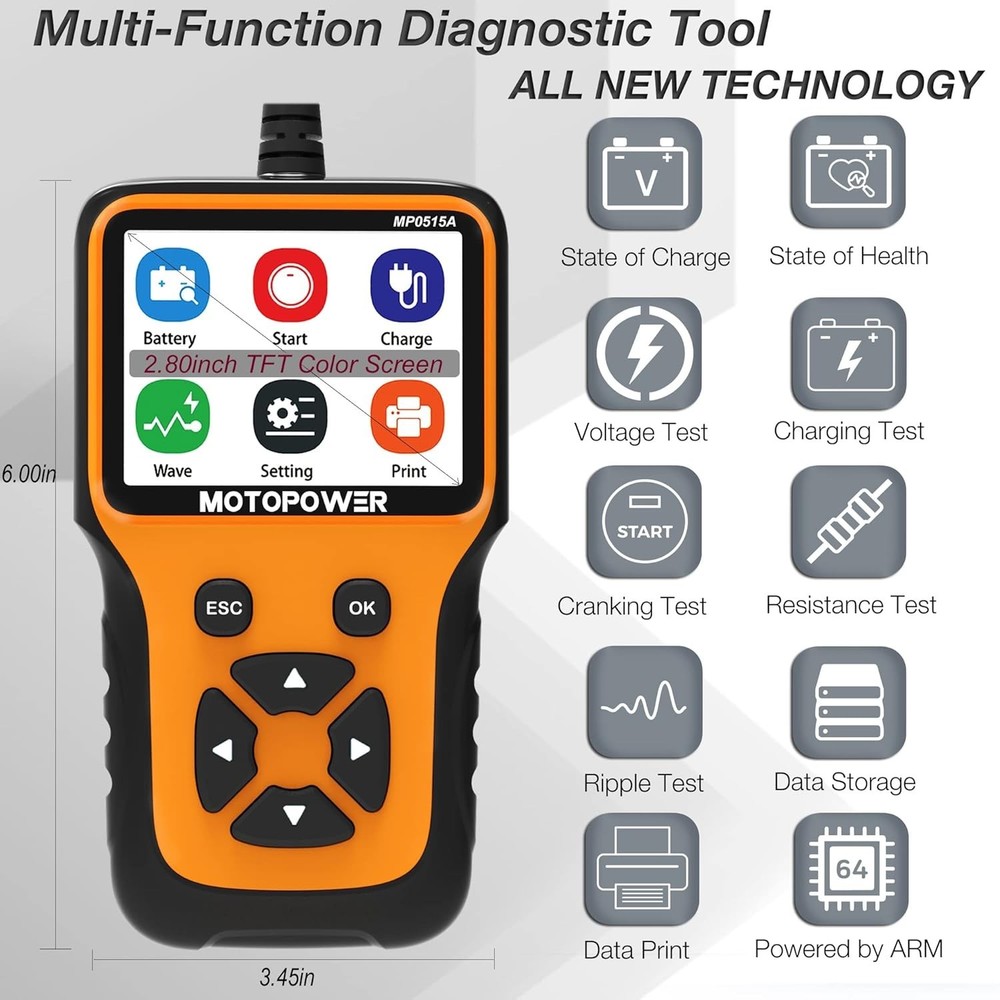 Portable Battery Tester for 12V Automotive with Quick Load Testing Features
