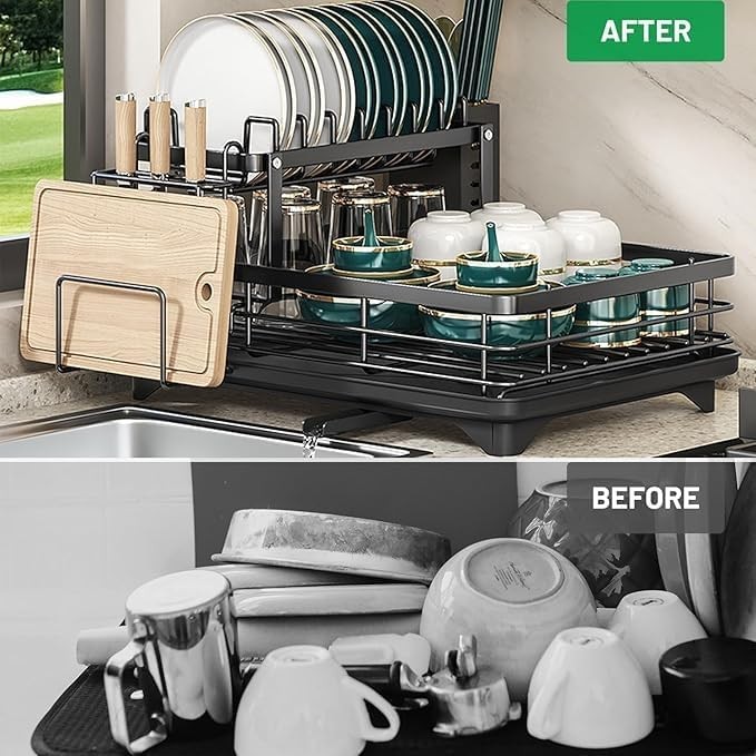 Dish Drying Rack 2-Tier Auto Draining Dish Drying Rack for Kitchen Counter