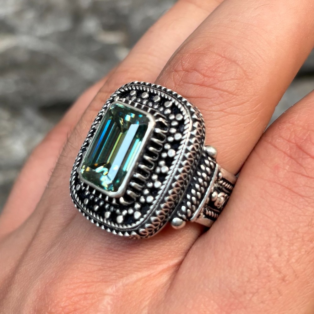 Moissanite In Handmade Silver Ring , Antique Design