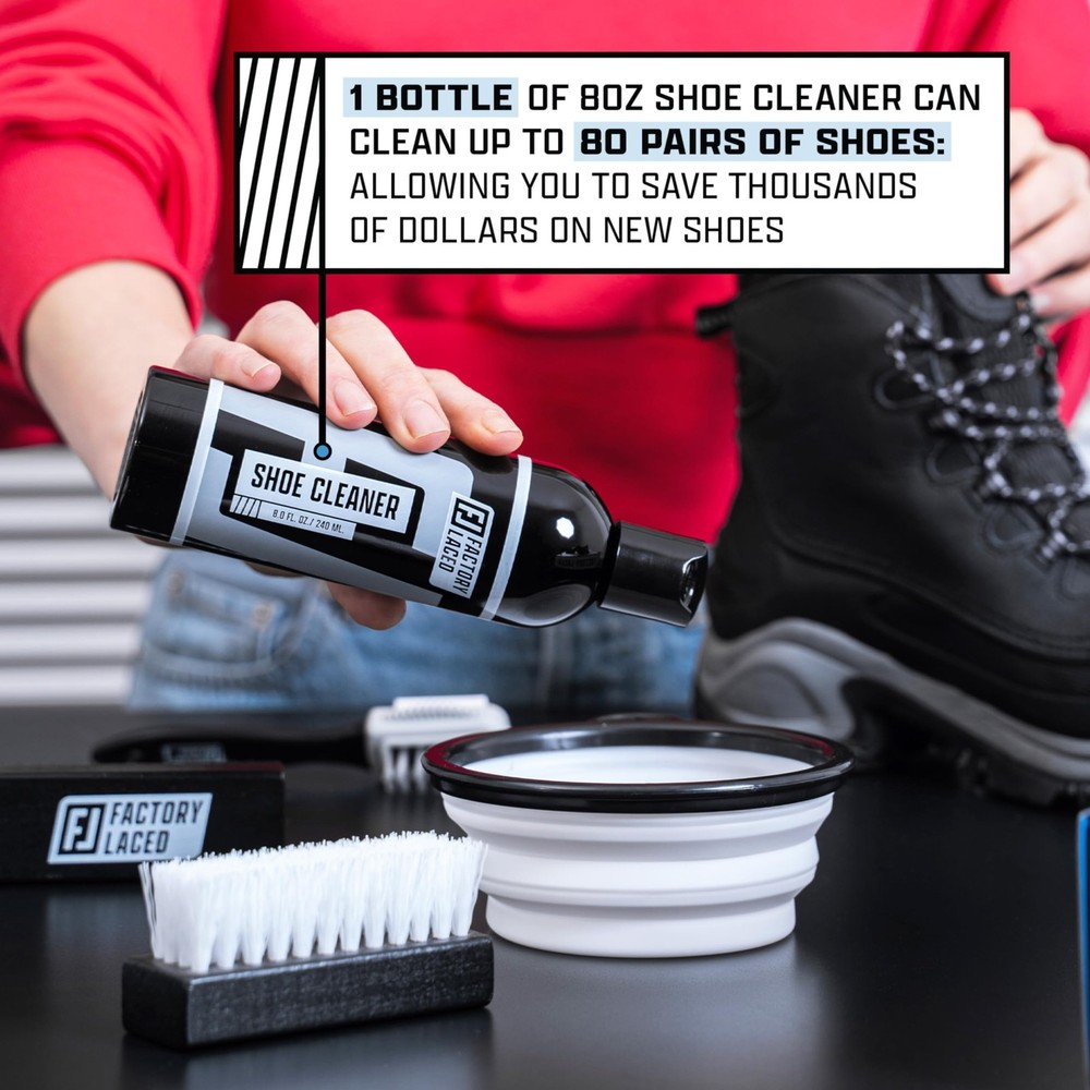 Shoe Cleaning Kit - 8oz Solution, 4 Brushes, Trees & Towel for All Materials