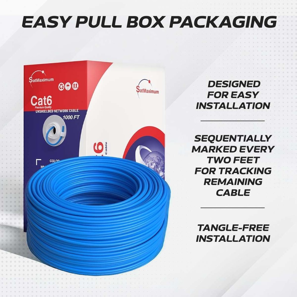 CAT6 Ethernet Cable 1000ft Pull Box Solid UTP 23AWG 550Mhz CCA Bulk Blue Wire