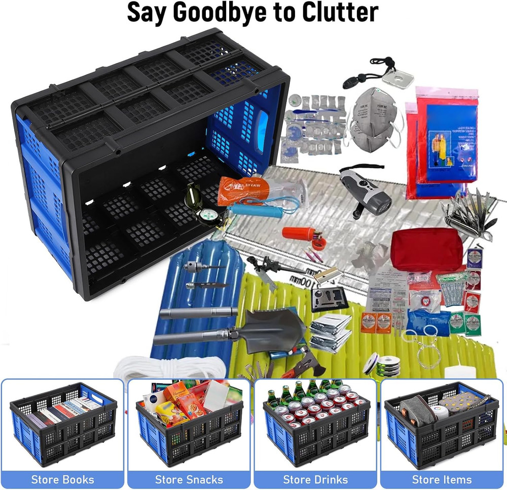 Collapsible Plastic Crate, Foldable Storage Basket, Stackable Utility Crate with