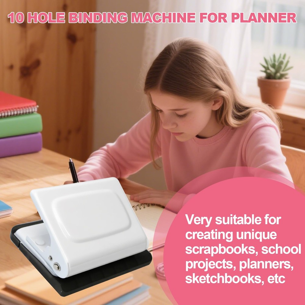 10 Hole Punch Binding Machine for Planner, Manual Binding System with 10 Mult...