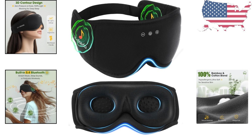Black BambooCotton Bluetooth Sleep Mask - Hypoallergenic & Light Blocking Design
