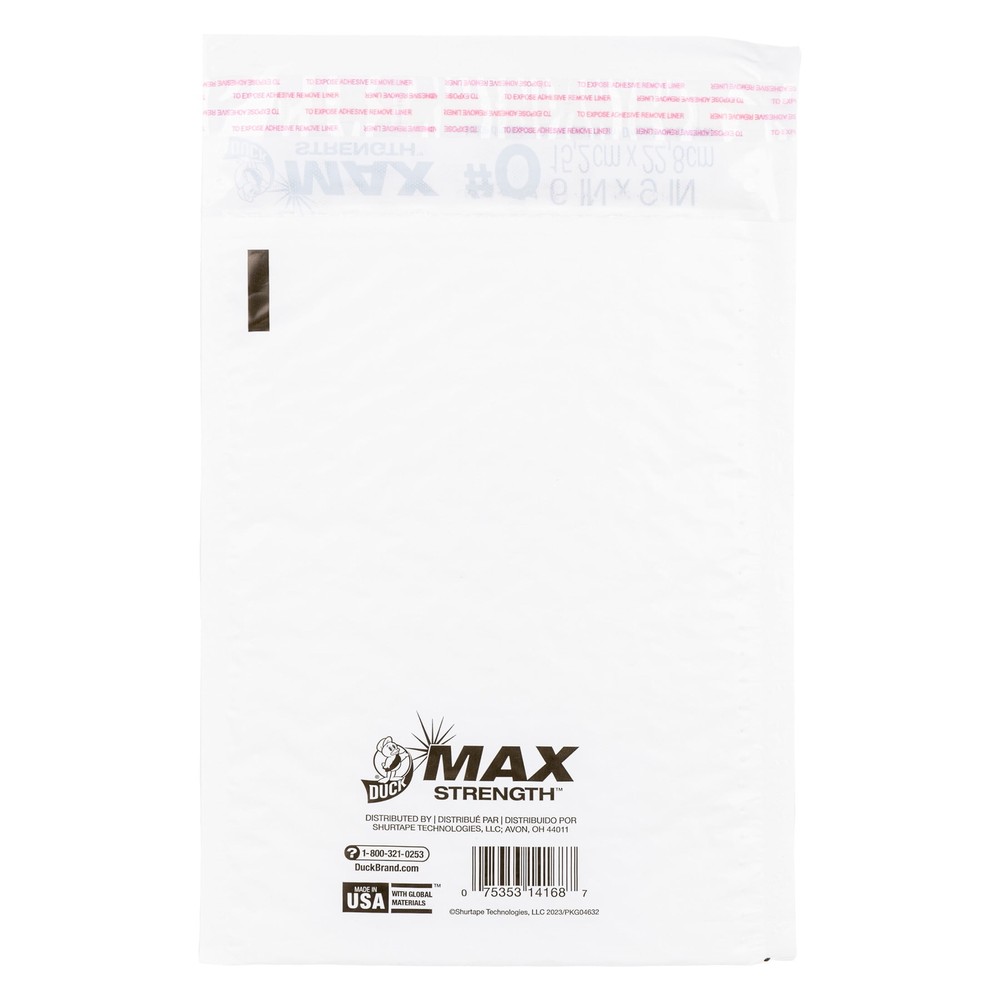 Duck Max Strength Self-Sealing Poly Bubble Mailer, 6" x 9", Solid White, 25 Pack