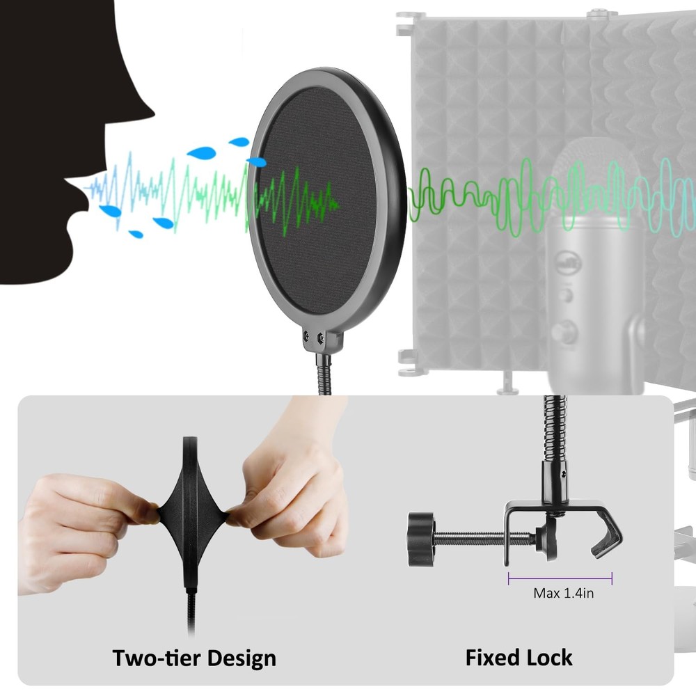 Microphone Isolation Shield, 3 Panels Sound Proof Mic Shield with Mic Stand a...