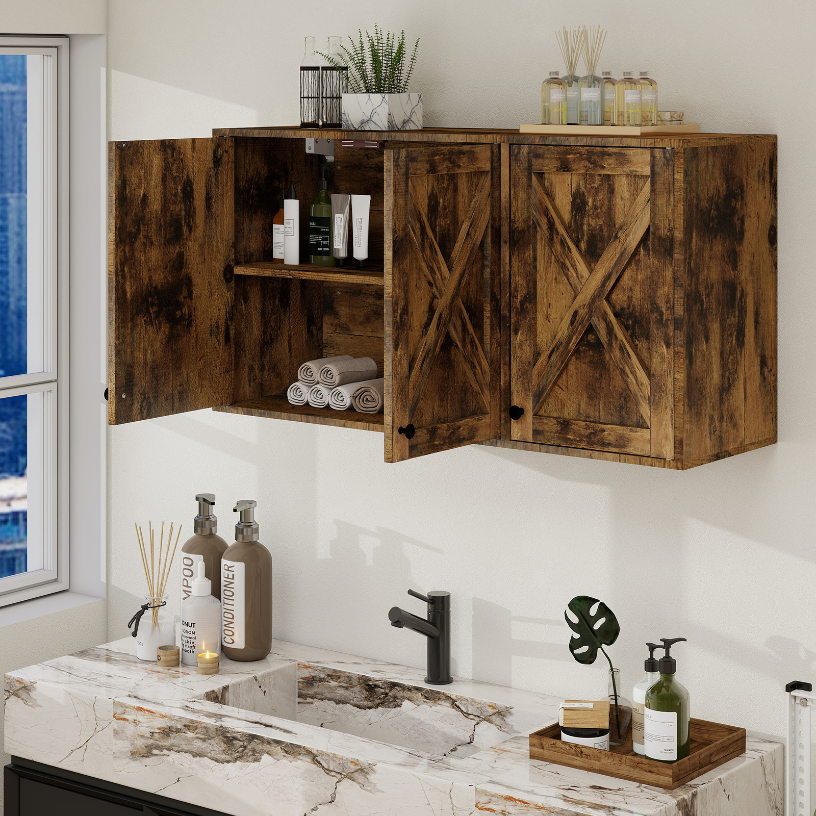 36" 3-Door Wall Cabinet – Storage Organizer for Bathroom, Laundry Room, Kitchen