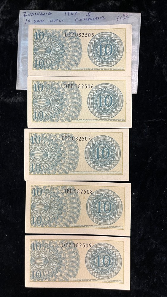 1964 Indonesia 10 Sen 5 Consecutive Notes