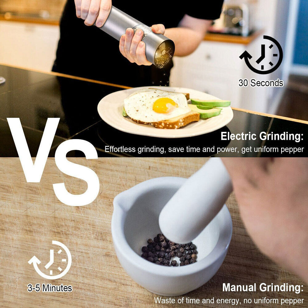 2x Light Up Electric Salt & Pepper Mill Stainless Steel Electronic Grinder Pots