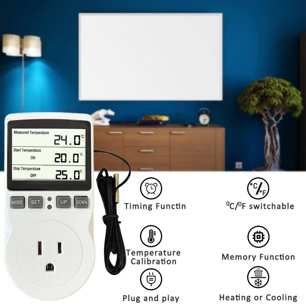 Digital Thermostat Controller Plug In Outlet Timer 1800W Heating Cooling Probe