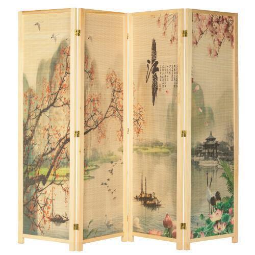 4-Panel Asian-Inspired Bamboo-Screen Cherry Blossom Scene Room Divider