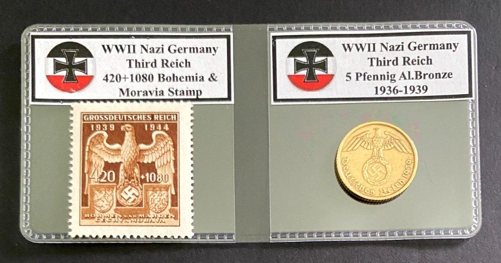 WWII Germany 5 Reichspfennig Coin 1936-1939 & Golden Eagle Stamp 420+1080 Set