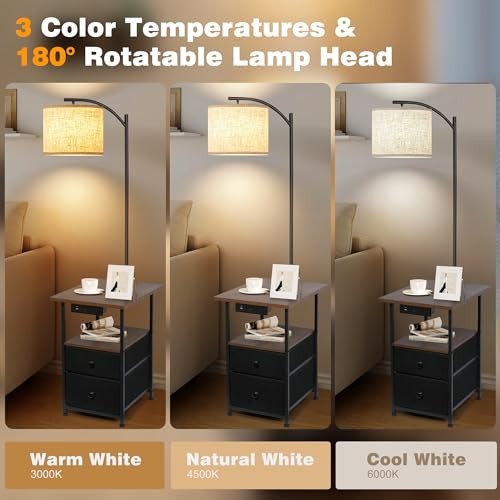 Floor Lamp with Table & 2 Drawers, End Table with 3 Color Rustic Brown