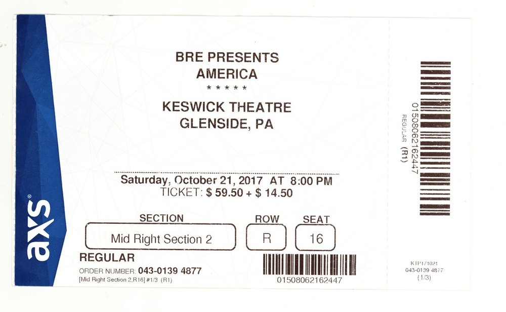 America the band 10/21/17 Glenside PA Keswick Theatre Rare Ticket Stub!