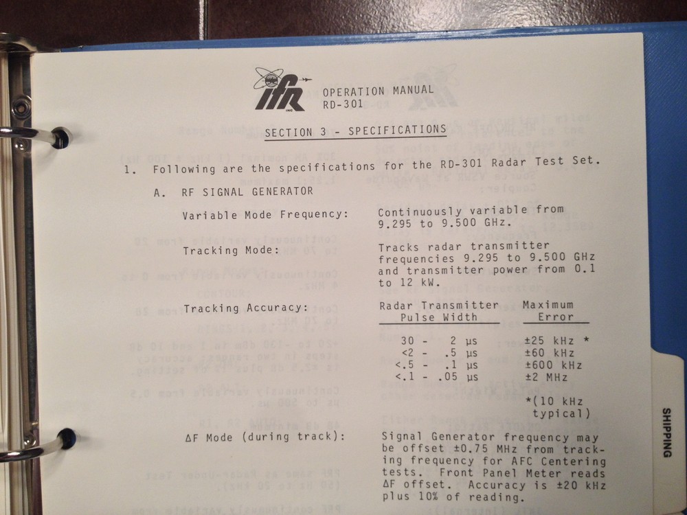 Factory Issued Original IFR RD-301 Radar Test Set Original Operators Guide