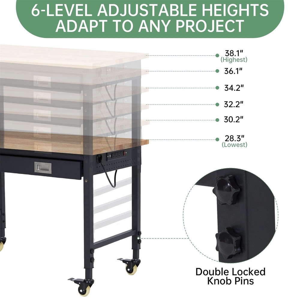 😸48" Work Benches for Garage Adjustable Workbench with Wheels Pegboard Drawer