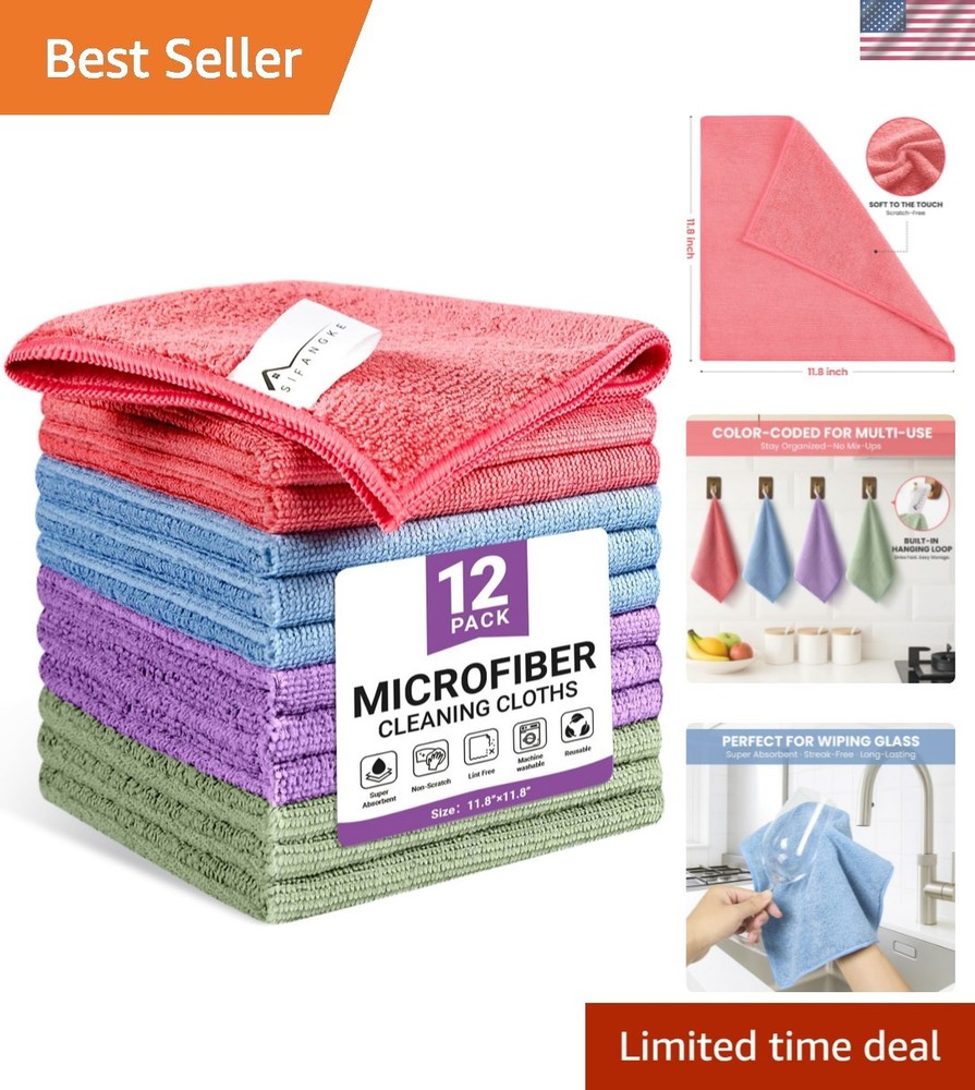 Sustainable 12 Pack Microfiber Cleaning Rags - Lint-Free, Quick-Drying & Soft