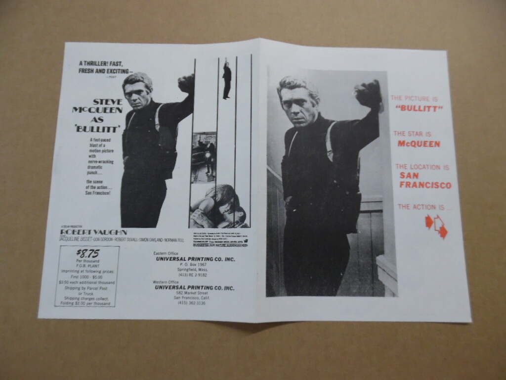 1968 BULLITT Movie Herald Steve McQueen Vintage Original VG+