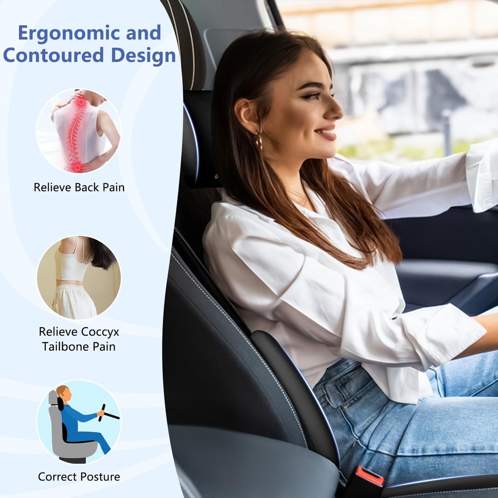 Car Seat Cushion with Neck Pillow & Lumbar Support Kit Back Sciatica Tailbone...