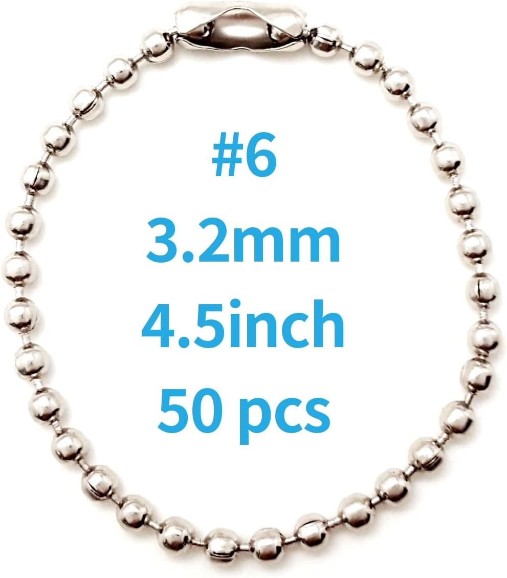 50-Pack 4-Inch Ball Chains with Connectors, 3.2mm Stainless Steel Beaded Chain f