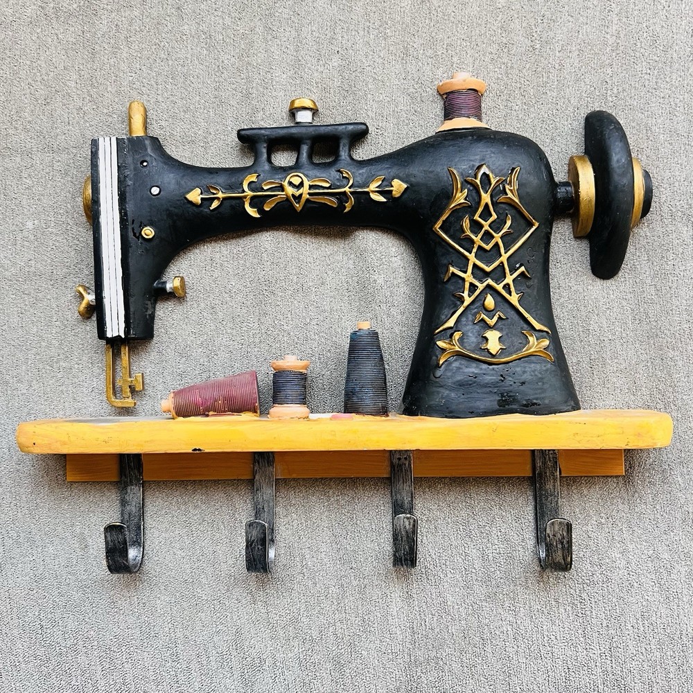 Vintage Sewing Machine Wall Hook Rack – Decorative Storage, 13”x10”x2”