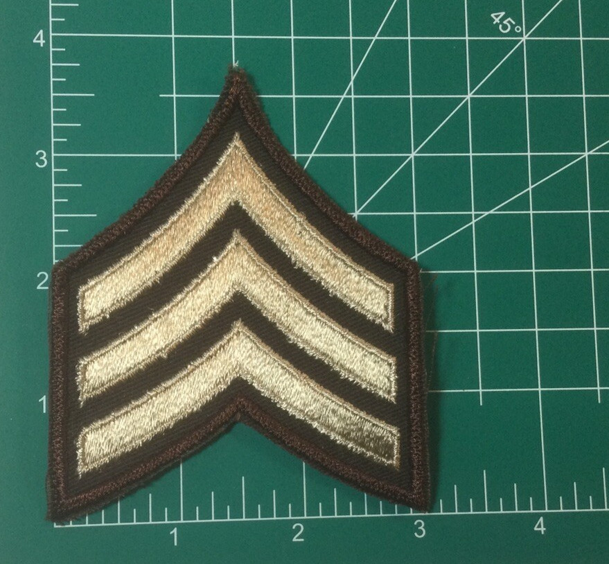 (2) Sergeant Chevron Schiffli Patch - 3 Tan Stripes on Dark Brown Twill & Border