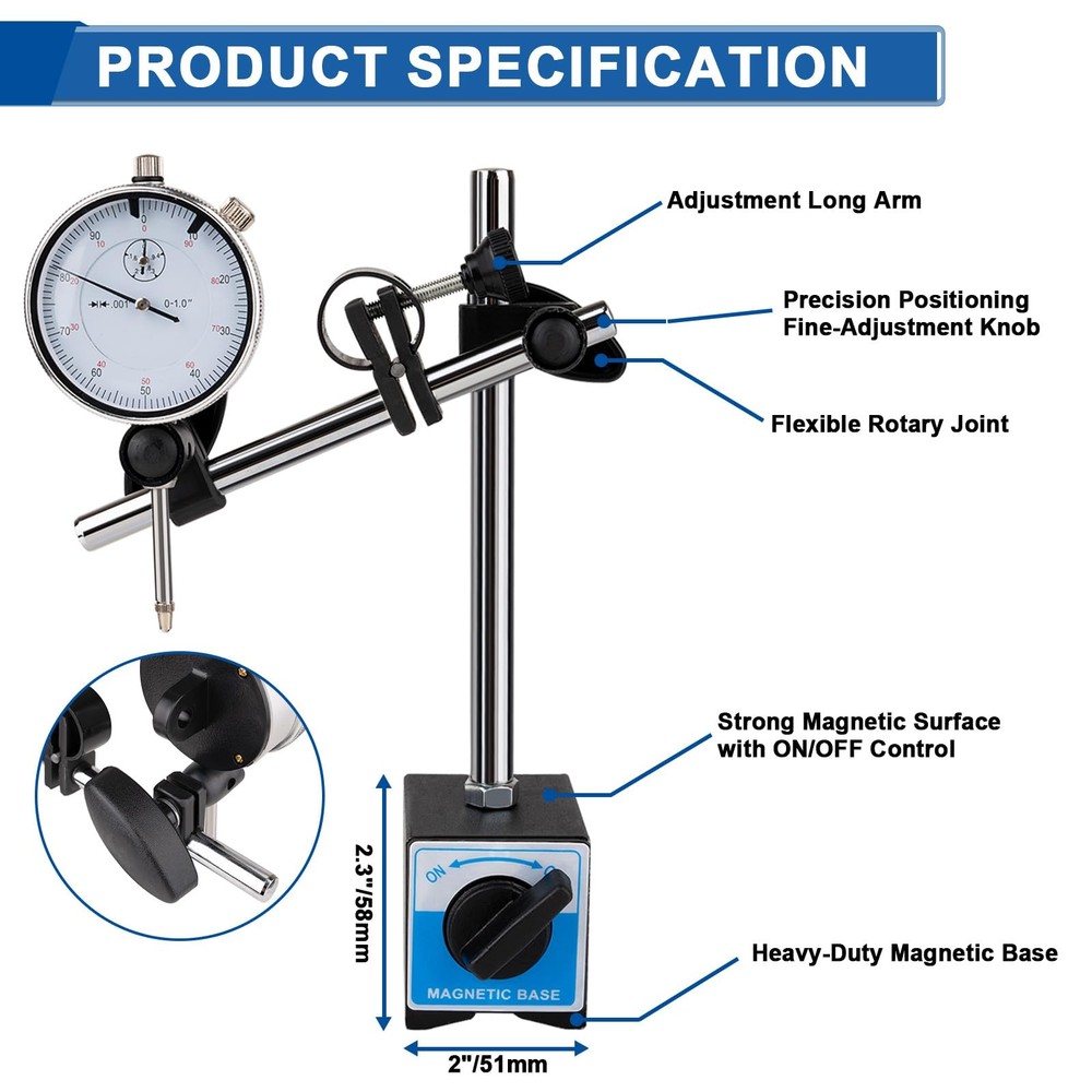 Dial Indicator with Magnetic Base, 0-1"×0.001" Precision Dial Test Indicator ...