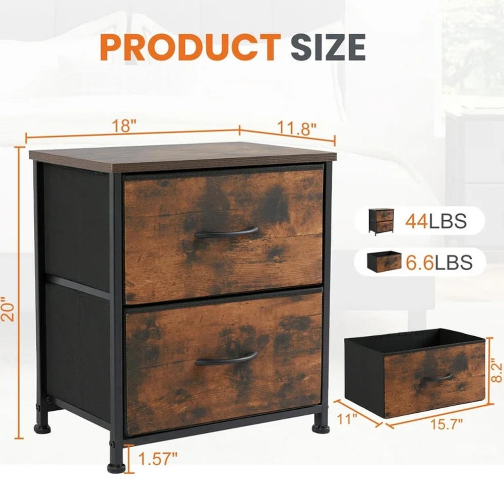 2-Drawer Nightstand Set with Fabric Bins – Rustic Brown Compact Bedside Tables