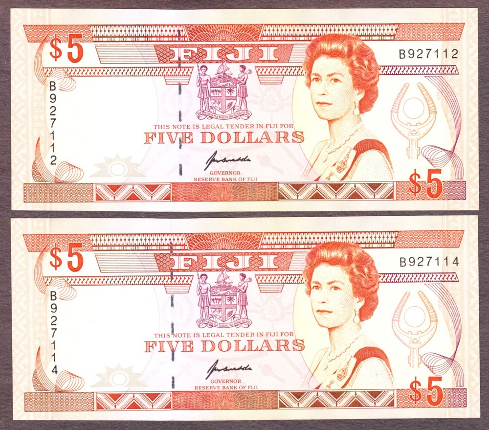 Fiji 2 x $5 QEII ND (1992) Pick-93a Crisp UNC