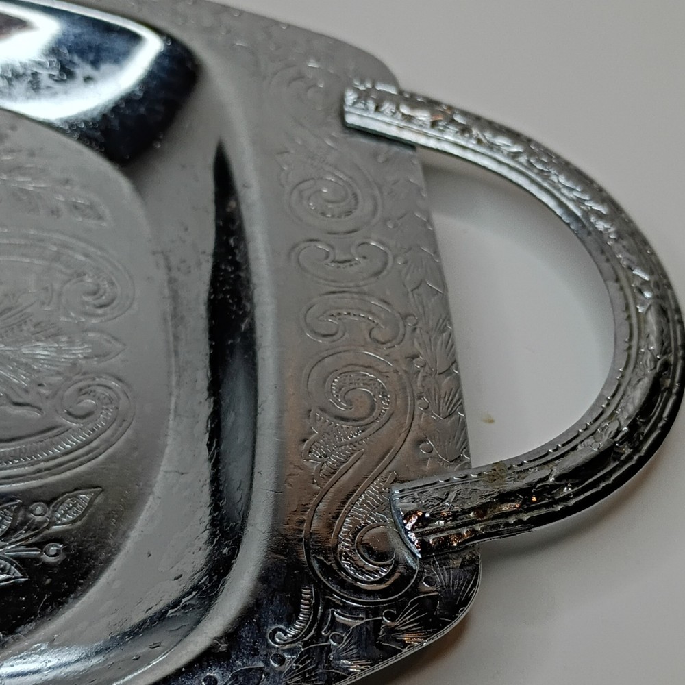 Mayell Stainless Steel Silver Rectangle Serving Tray Floral Pattern Handles