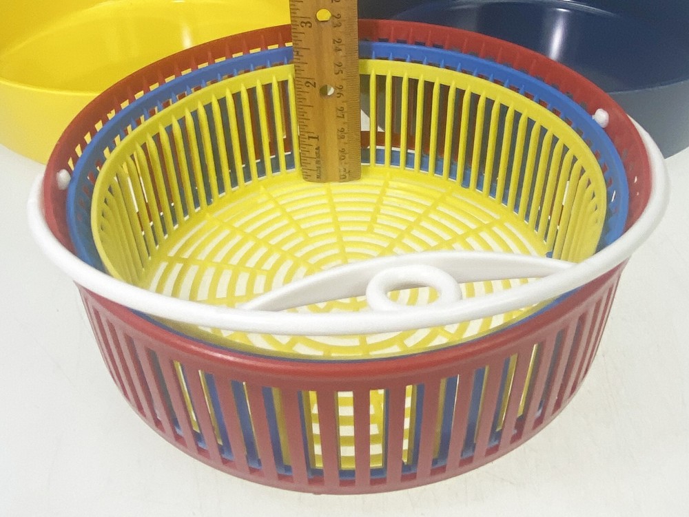 Yellow Blue Bowl Oblique PMC Melamine Stackable Melmac Strainer Vtg Retro