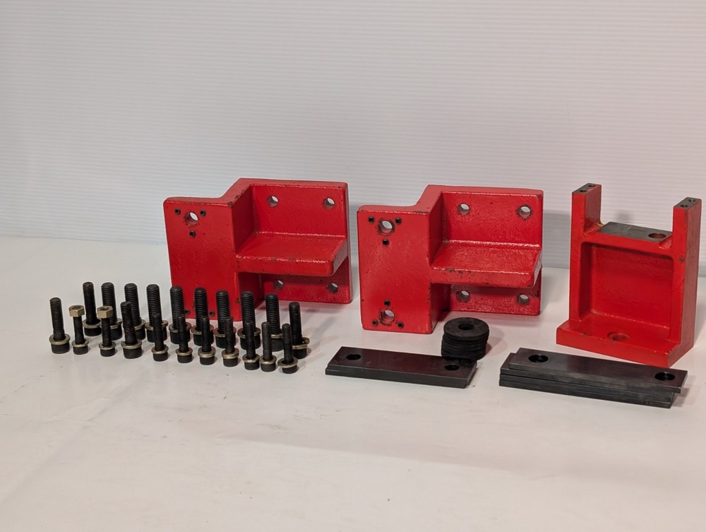 Red safety machinist assembly component blocks with parallels, spacers, as shown