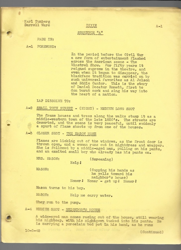 Screenplay Dixie 1942 by Karl Turnberg Darrell Ware Paramount w Bing Crosby |