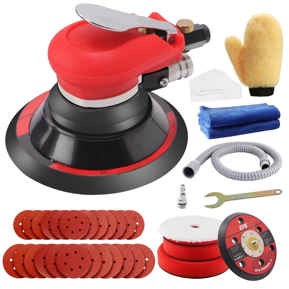5" & 6" Pneumatic Random Orbital Sander, Low Vibration, Extra Backing Plate, Pad