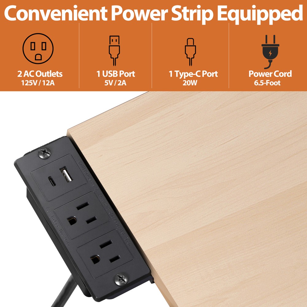 Adjustable Drafting Drawing Tiltable Table & Stool w/ 2 Drawers & Outlet Natural