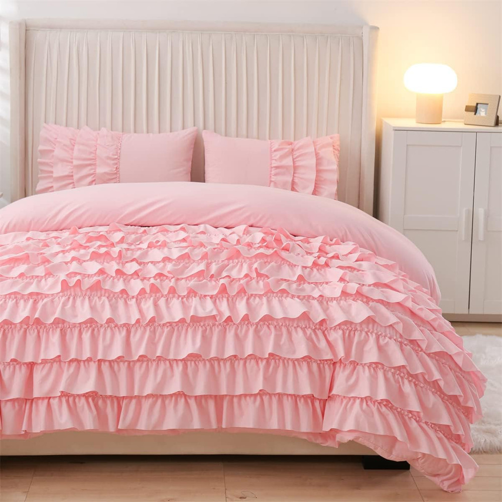 Holawakaka Pink Waterfall Ruffle Comforter Set Twin Size Multi-Layers Ruffled Sh