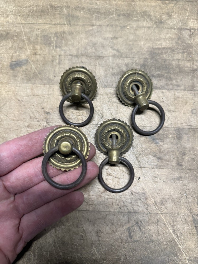 4 Victorian Drawer Pulls Hardware, Square Nut- Brass- Floral Design