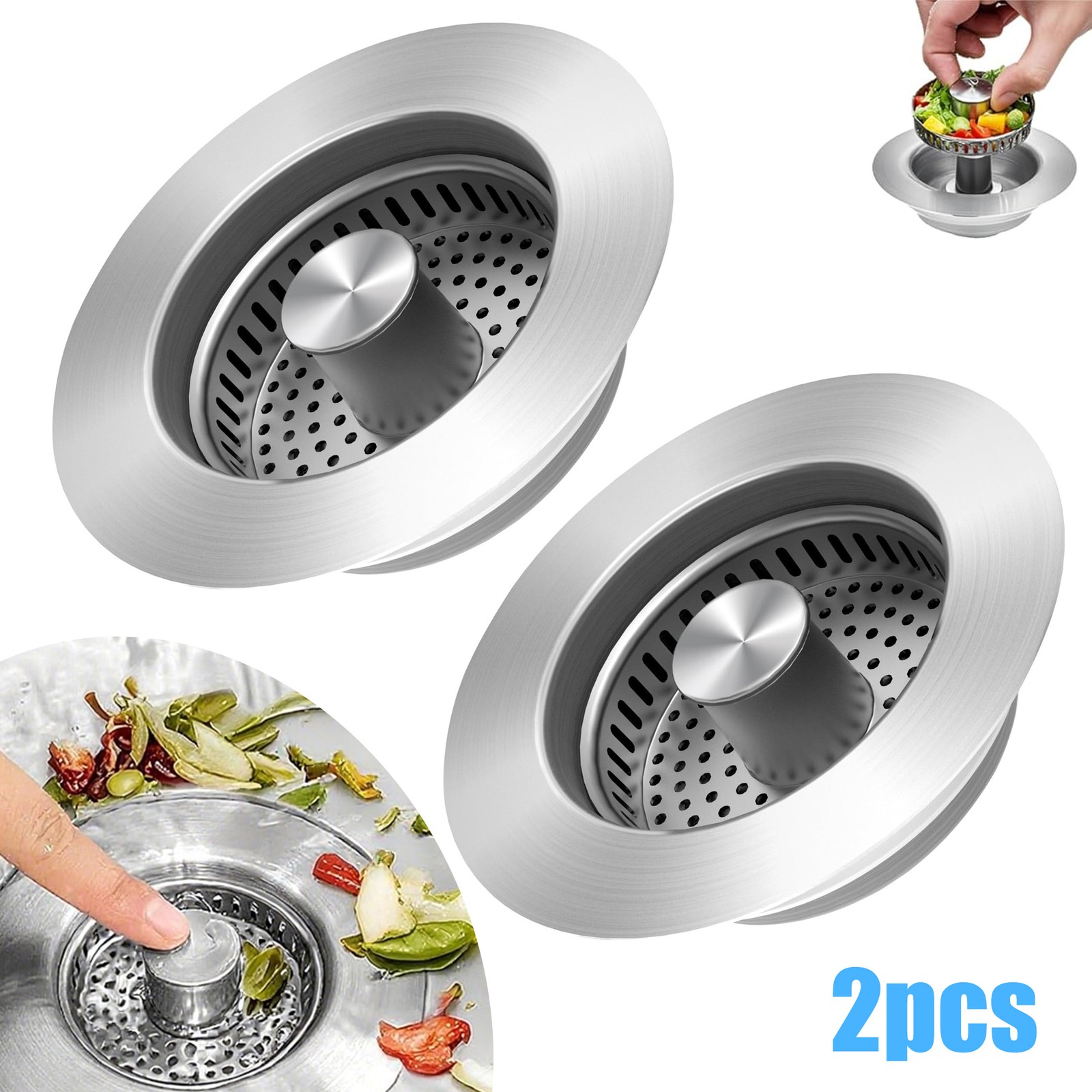 2PCS 5-in-1 Kitchen Sink Drain Strainer Stopper Pop Up Basket Anti-Clog Filter