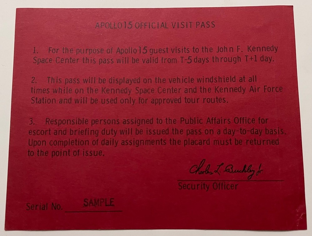 APOLLO 15 1971 OFFICIAL GUESTS SAMPLE AUTHORIZATION VEHICLE PERMIT PASS